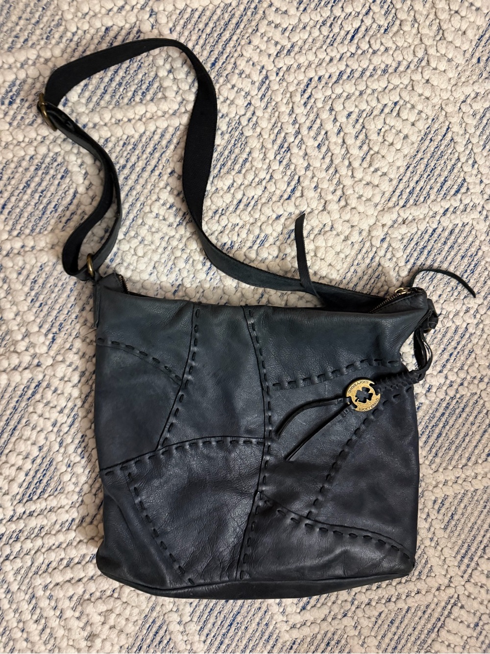 Lucky Brand Navy Leather Western Y2K Bikercore Crossbody Bag with Patchwork